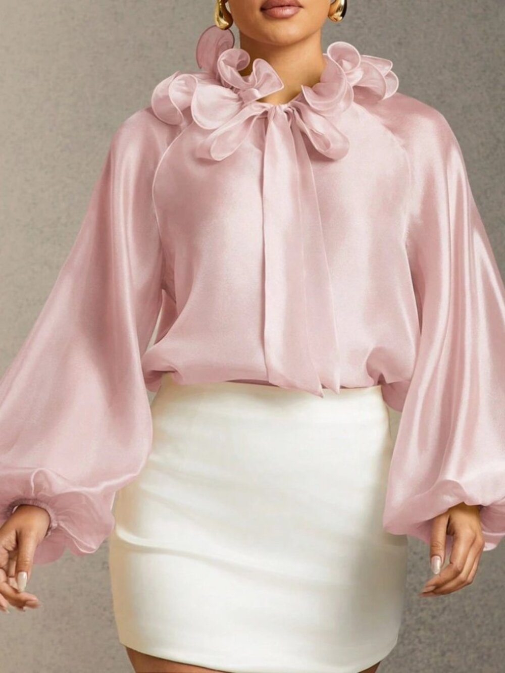 Blush Pink Satin Blouse with Ruffled Tie-Neck and Balloon Sleeves